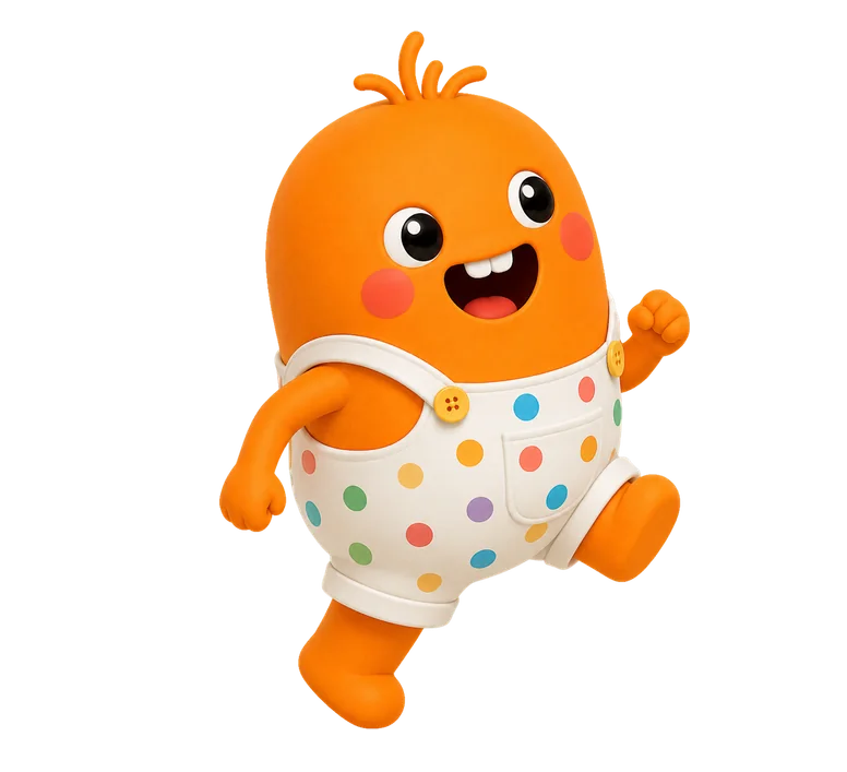 Dot the mascot cheering beside a sandcastle